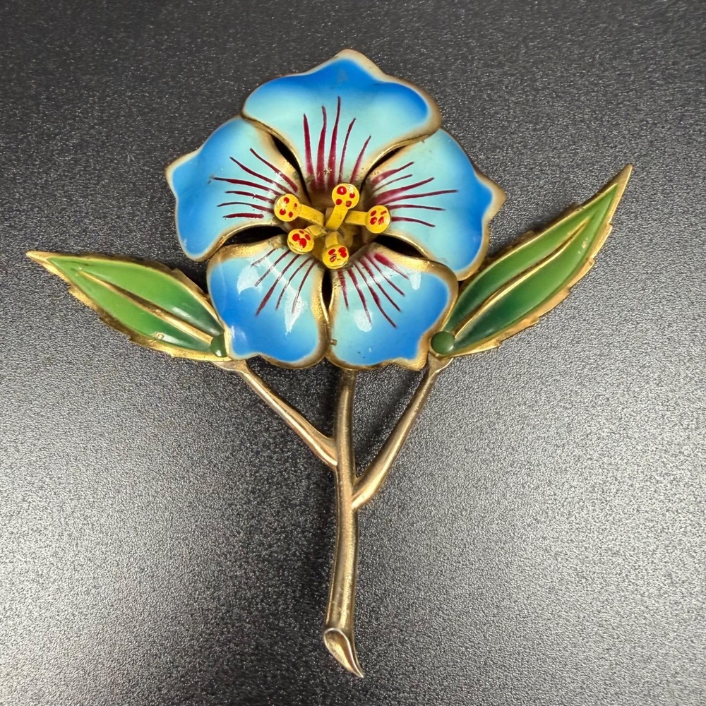 Vintage Enamel Flower Brooch Blue Cold Painted Gold Tone Statement‎ Pin 3.75 In